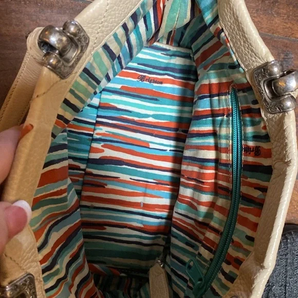 Brighton Purse Beige Leather Tote Double Strap Colorful Stitching - Picture 2 of 7